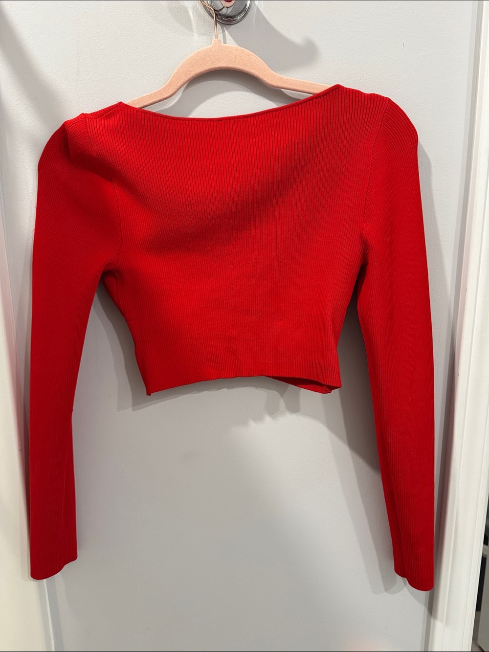 Express Red Ribbed Wrap-Front Crop Top - Picture 3 of 3